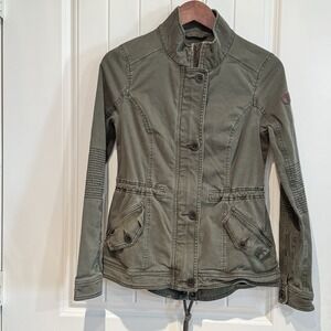 Hollister Womens Small Military Jacket Army Green Button Up‎ Drawstring Waist